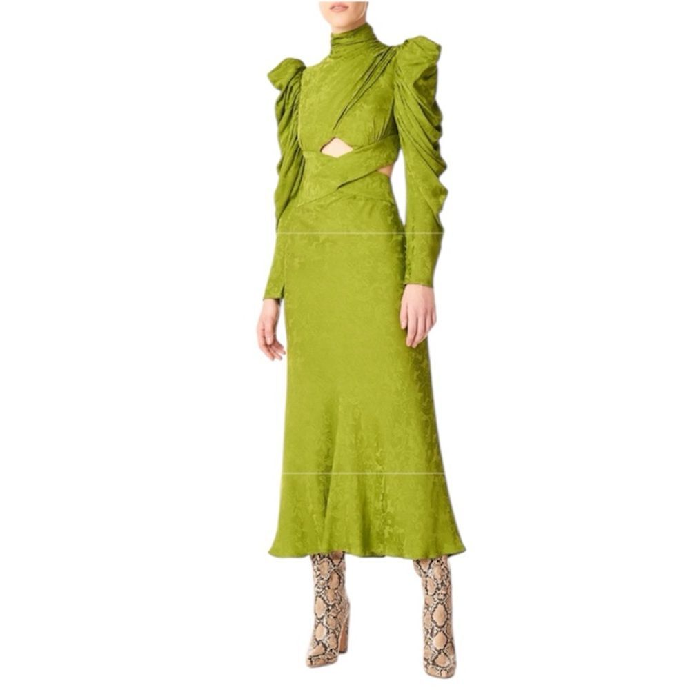 AMUR Giana Dress Green Jacquard Cutout Midi Puff Sleeve Size 6